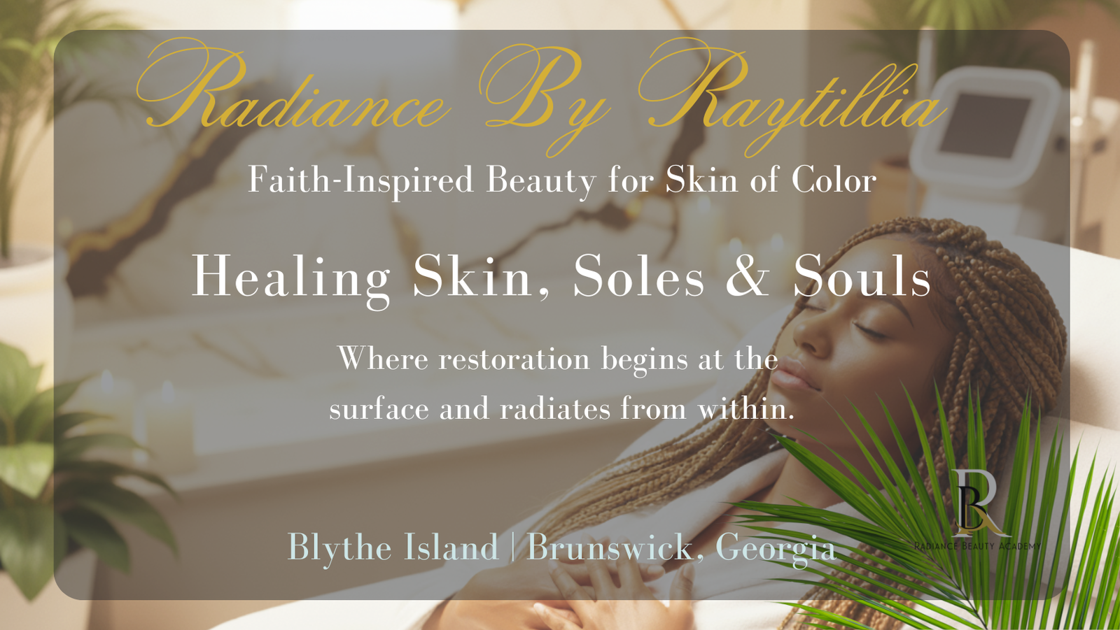 Faith-inspired spa scene featuring a woman with sunkissed tan skin and highlighted braids resting peacefully on a white spa bed, surrounded by candles and a white, black, and gold marbled wall with illuminated crosses — representing Radiance by Raytillia’s blend of beauty, faith, and healing in Brunswick, Georgia.