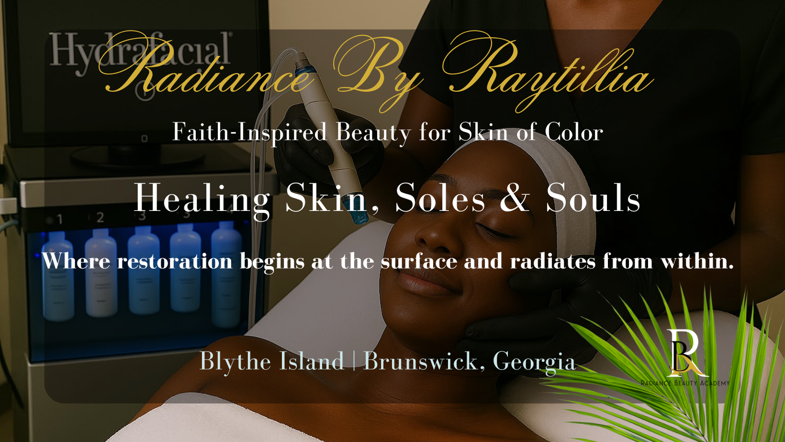 Faith-inspired spa scene featuring a woman with sunkissed tan skin and highlighted braids resting peacefully on a white spa bed, surrounded by candles and a white, black, and gold marbled wall with illuminated crosses — representing Radiance by Raytillia’s blend of beauty, faith, and healing in Brunswick, Georgia.