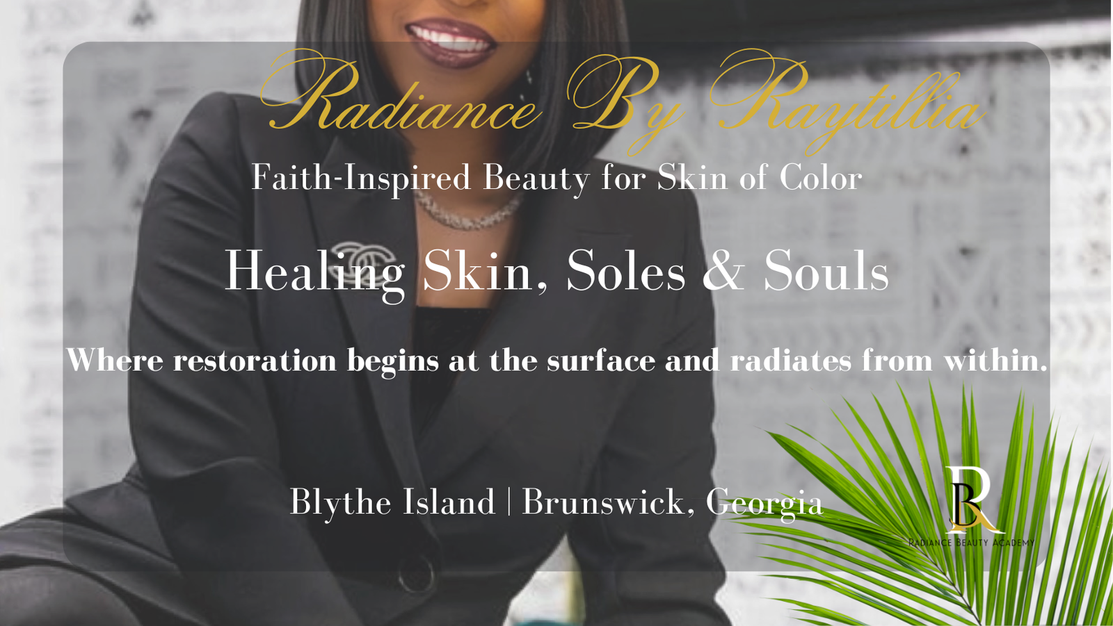 Faith-inspired spa scene featuring a woman with sunkissed tan skin and highlighted braids resting peacefully on a white spa bed, surrounded by candles and a white, black, and gold marbled wall with illuminated crosses — representing Radiance by Raytillia’s blend of beauty, faith, and healing in Brunswick, Georgia.