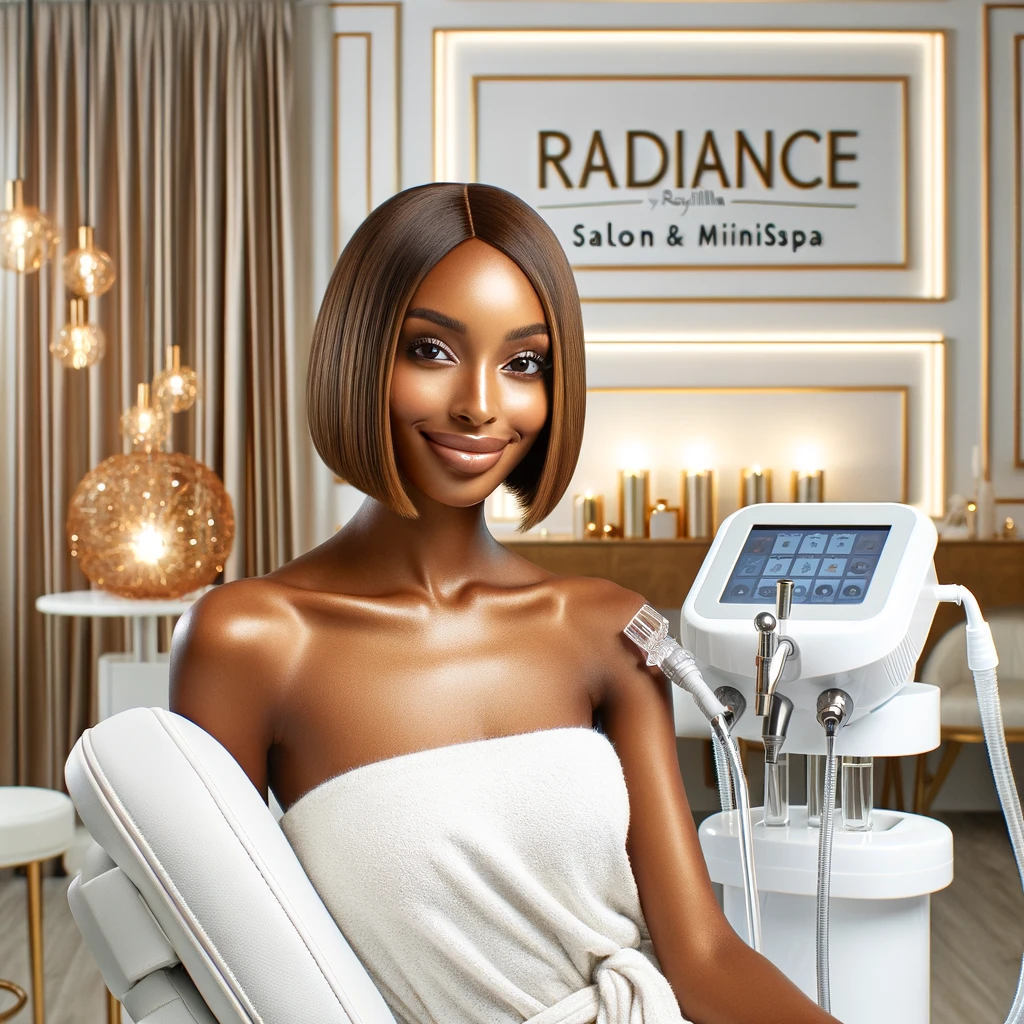A serene client receiving a hydrating HydraFacial treatment, with a professional aesthetician gently guiding the device across her skin, illustrating the advanced skincare solutions offered at Radiance by Raytillia.