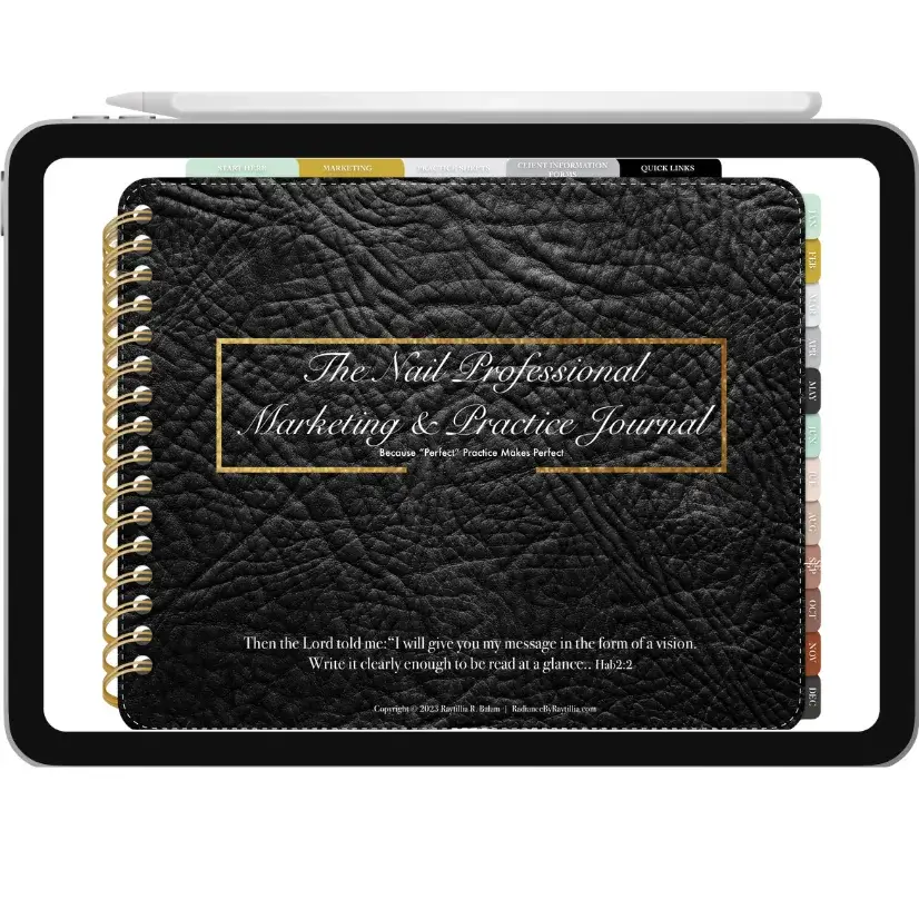 A business journal for nail technicians, with sections for marketing, planning, and practice.