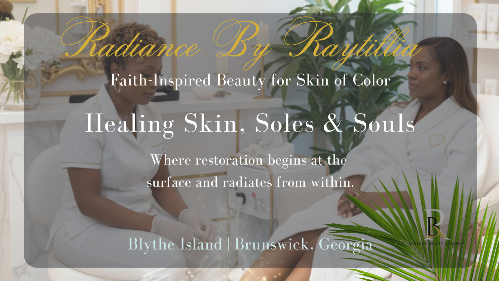 Faith-inspired spa scene featuring a woman with sunkissed tan skin and highlighted braids resting peacefully on a white spa bed, surrounded by candles and a white, black, and gold marbled wall with illuminated crosses — representing Radiance by Raytillia’s blend of beauty, faith, and healing in Brunswick, Georgia.