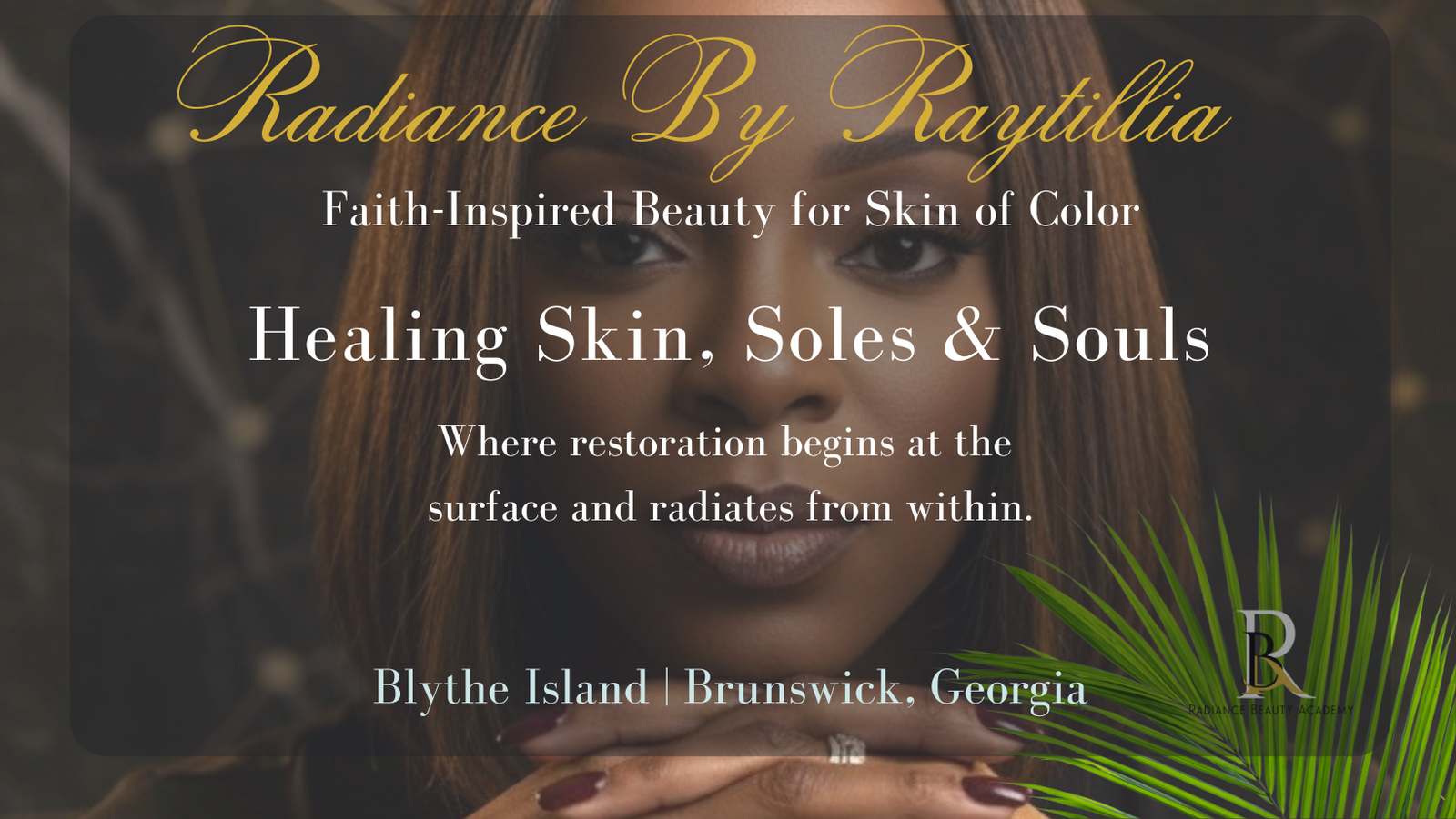 Faith-inspired spa scene featuring a woman with sunkissed tan skin and highlighted braids resting peacefully on a white spa bed, surrounded by candles and a white, black, and gold marbled wall with illuminated crosses — representing Radiance by Raytillia’s blend of beauty, faith, and healing in Brunswick, Georgia.