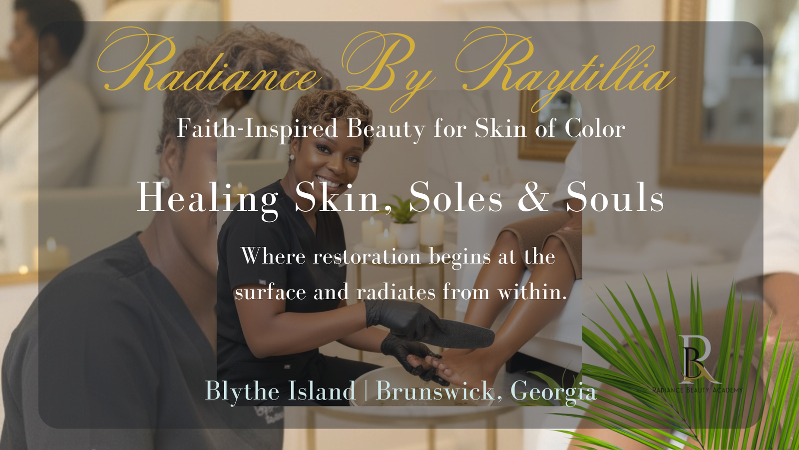 Faith-inspired spa scene featuring a woman with sunkissed tan skin and highlighted braids resting peacefully on a white spa bed, surrounded by candles and a white, black, and gold marbled wall with illuminated crosses — representing Radiance by Raytillia’s blend of beauty, faith, and healing in Brunswick, Georgia.