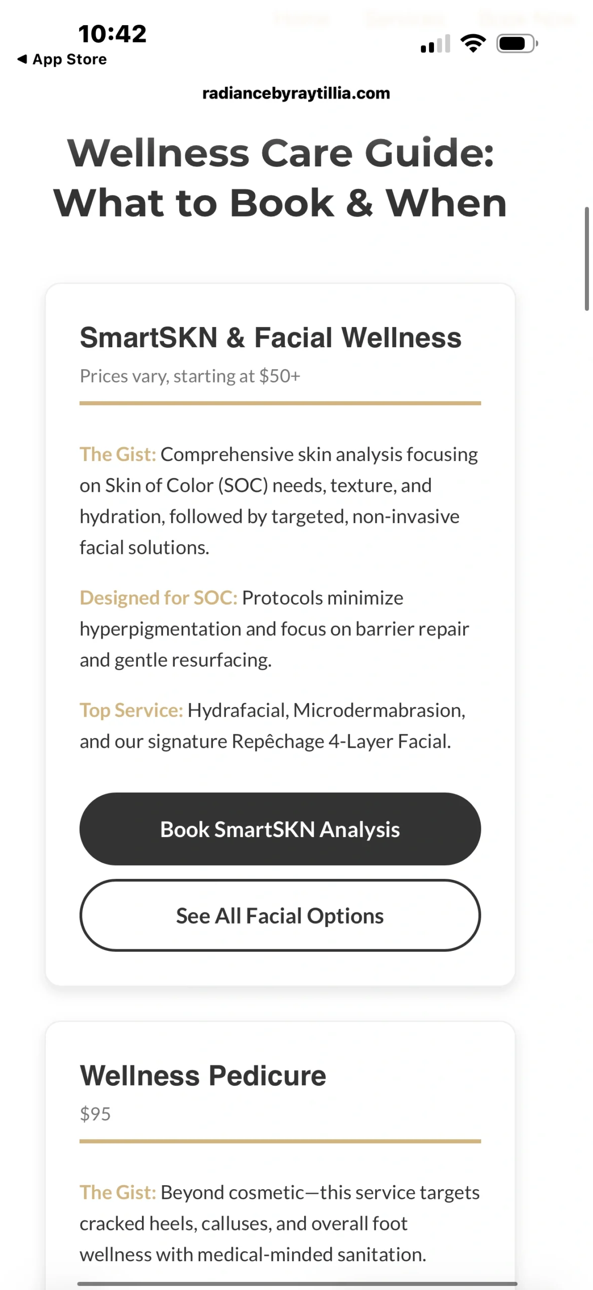 Screenshot of the Radiance by Raytillia app showing the Wellness Care Guide: What to Book and When, with SmartSKN and Facial Wellness and Wellness Pedicure sections.