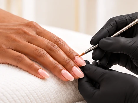Digitally created close-up illustration of a manicure: a client’s hand with soft pink nails rests on a white towel while black-gloved hands apply detail with a fine brush.