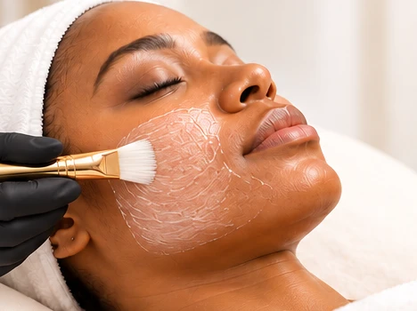 Digitally created close-up illustration of a facial treatment: a gloved hand applies a clear mask to a client’s cheek with a gold-handled brush.